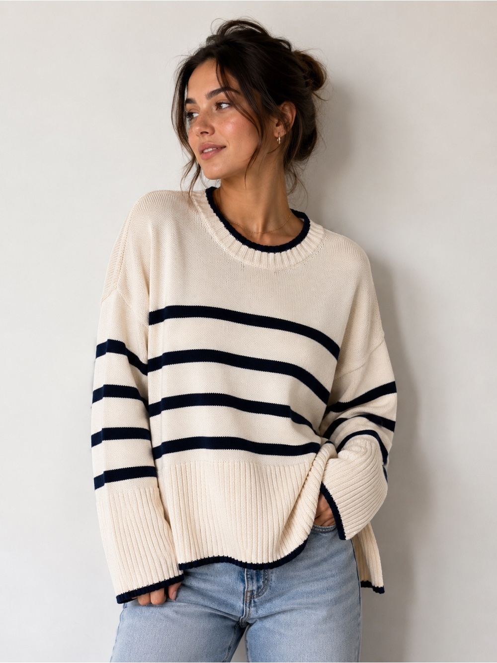 Part Two Noeline Cotton Cashmere Stripe Sweater | Cream & Navy Relaxed Knit